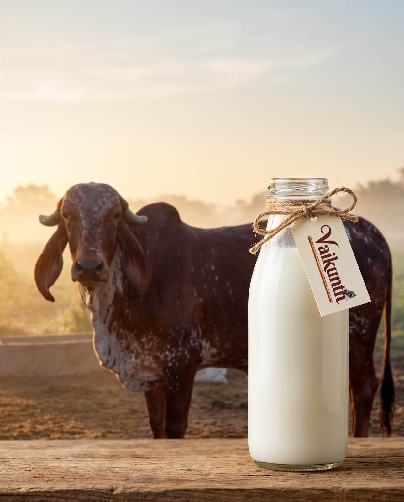 A glass bottle of milk at dawn with a Gir cow behind