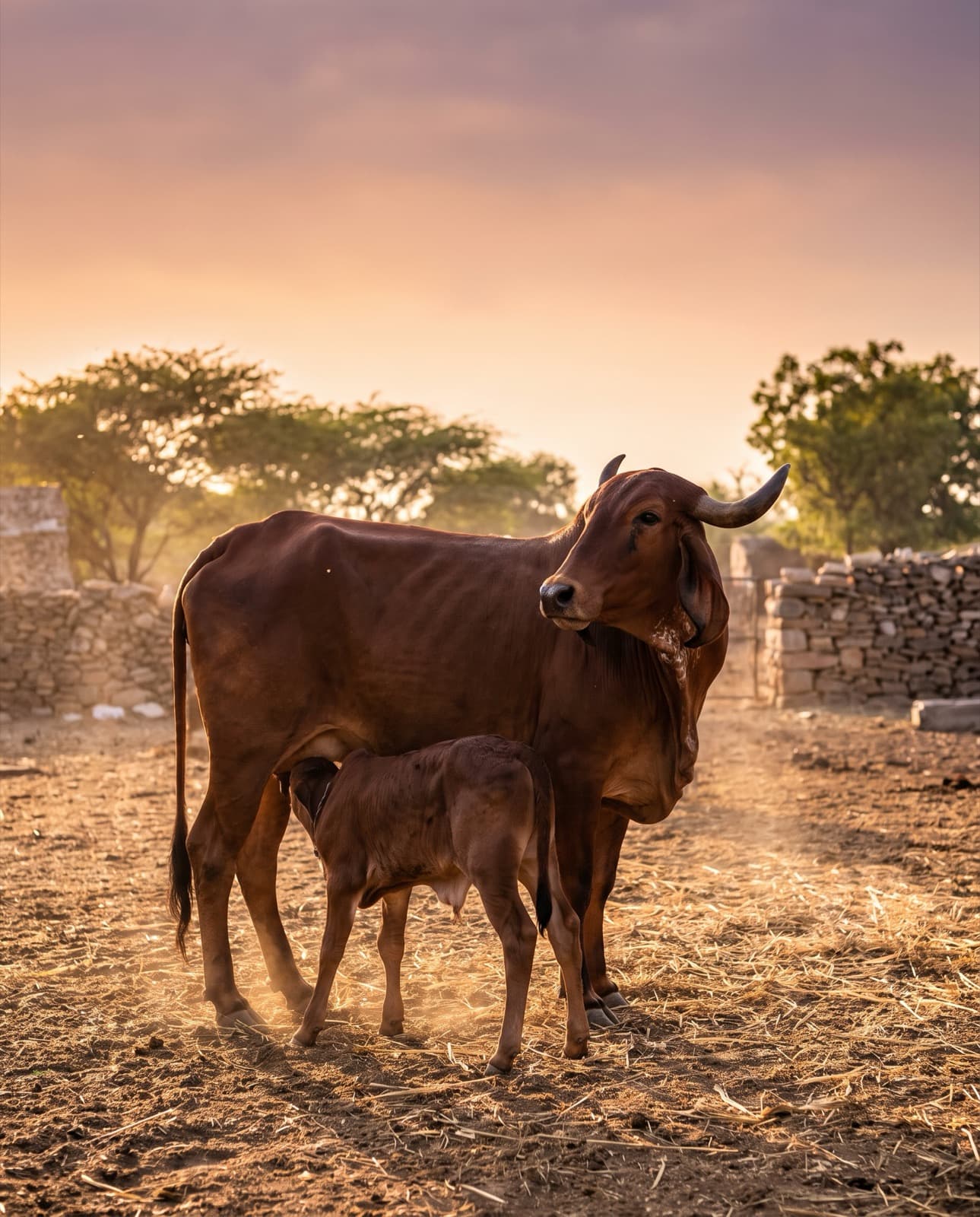 A Gir calf suckling from its mother at golden hour