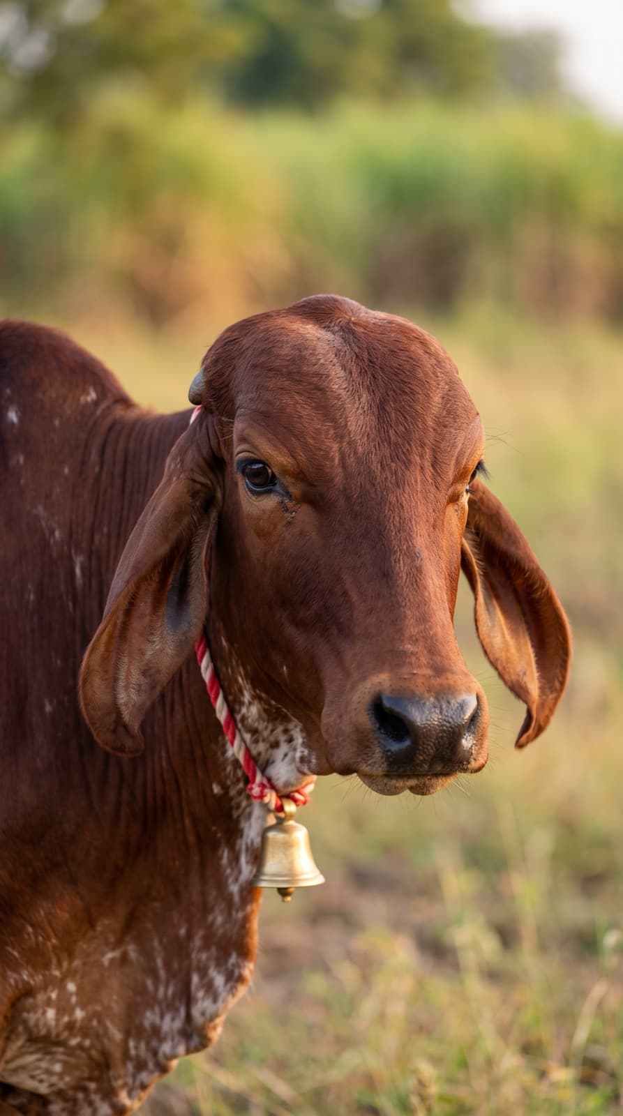 A Gir cow with a brass bell in soft morning light